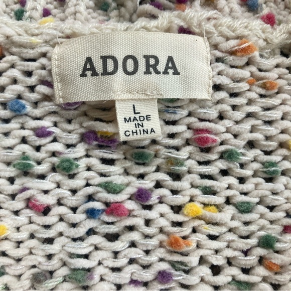 Adora Womens Open Knit Sz L Chunky Sweater Multicolor Dots V Neck Frayed Hem - Picture 3 of 4